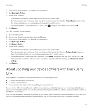Page 2133.At the side of the BlackBerry Link window, click your device.
4.Click Back Up & Restore.
5.Do one of the following:
