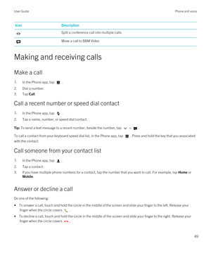 Page 49IconDescriptionSplit a conference call into multiple callsMove a call to BBM Video
Making and receiving calls
Make a call
1.In the Phone app, tap .
2.Dial a number.
3.Tap Call.
Call a recent number or speed dial contact
1.In the Phone app, tap .
2.Tap a name, number, or speed dial contact.
Tip: To send a text message to a recent number, beside the number, tap  > .
To call a contact from your keyboard speed dial list, in the Phone app, tap . Press and hold the key that you associated 
with the contact....