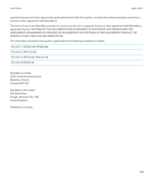 Page 299separate licenses and other agreements applicable thereto with third parties, except to the extent expressly covered by a license or other agreement with BlackBerry.
The terms of use of any BlackBerry product or service are set out in a separate license or other agreement with BlackBerry 
applicable thereto. NOTHING IN THIS DOCUMENTATION IS INTENDED TO SUPERSEDE ANY EXPRESS WRITTEN 
AGREEMENTS OR WARRANTIES PROVIDED BY BLACKBERRY FOR PORTIONS OF ANY BLACKBERRY PRODUCT OR 
SERVICE OTHER THAN THIS...