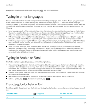 Page 171All keyboard input methods also support using the  key to access symbols.
Typing in other languages You can set your BlackBerry device to recognize three 
di