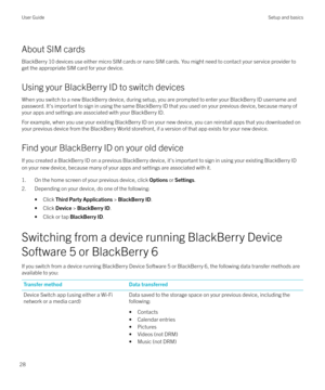 Page 28About SIM cardsBlackBerry 10 devices use either micro SIM cards or nano SIM cards. You might need to contact your service provider to
get the appropriate SIM card for your device.
Using your BlackBerry ID to switch devices When you switch to a new BlackBerry device, during setup, you are prompted to enter your BlackBerry ID username and
password. It