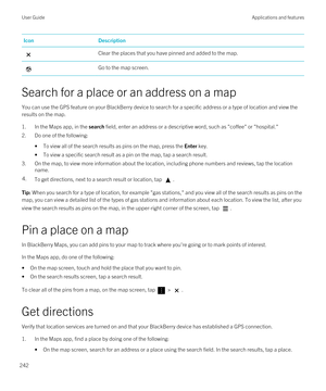 Page 242IconDescriptionClear the places that you have pinned and added to the map.Go to the map screen.
Search for a place or an address on a map
You can use the GPS feature on your BlackBerry device to search for a specific address or a type of location and view the 
results on the map.
1.In the Maps app, in the search field, enter an address or a descriptive word, such as "coffee" or "hospital."
2.Do one of the following:
