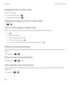 Page 250Change text size in reader mode
Do one of the following:
