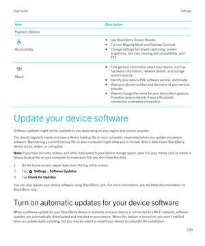 Page 133ItemDescriptionPayment Options
Accessibility
