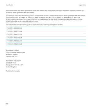 Page 300separate licenses and other agreements applicable thereto with third parties, except to the extent expressly covered by a license or other agreement with BlackBerry.
The terms of use of any BlackBerry product or service are set out in a separate license or other agreement with BlackBerry 
applicable thereto. NOTHING IN THIS DOCUMENTATION IS INTENDED TO SUPERSEDE ANY EXPRESS WRITTEN 
AGREEMENTS OR WARRANTIES PROVIDED BY BLACKBERRY FOR PORTIONS OF ANY BLACKBERRY PRODUCT OR 
SERVICE OTHER THAN THIS...