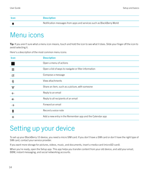 Page 14IconDescriptionNotification messages from apps and services such as BlackBerry World
Menu icons
Tip: If you aren