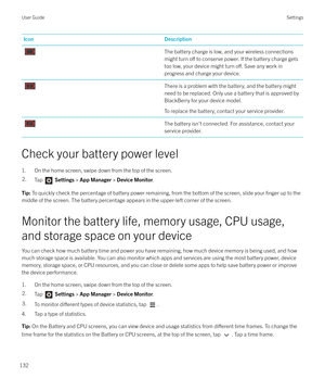 Page 132IconDescriptionThe battery charge is low, and your wireless connectionsmight turn 
o