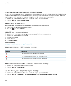 Page 122Download the PGP key used to sign or encrypt a messageIf a PGP® key isn't included in a received message or isn't already stored in the key store on your BlackBerry® smartphone, youcan download the PGP key. If you use the PGP® Universal Server, you might not be able to download the sender’s PGP key, or your smartphone might download the sender’s PGP key from the PGP Universal Server automatically.
1. In a message, highlight the encryption status indicator or a digital signature indicator.
2....