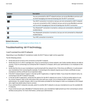 Page 252IndicatorDescriptionYou are connected to a Wi-Fi® network and you can access  BlackBerry services such
as email messaging and Internet browsing over the Wi-Fi connection.Your Wi-Fi connection is turned on, but you are not connected to a Wi-Fi network, or you are connected to a Wi-Fi network, but you cannot access  BlackBerry services
such as email messaging and Internet browsing over the Wi-Fi connection.Your Bluetooth® connection is turned on, and you are connected to a Bluetooth
enabled device.Your...