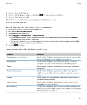 Page 3111. Remove and reinsert the battery.
2.  When the red LED light goes out, press and hold the 
 key as the smartphone is loading.
3. When the dialog appears, click  OK.
When safe mode is on, a safe mode indicator appears at the top of the home screen. To turn off safe mode, repeat step 1.
Turn off a prompt for a third-party application connection
1. On the Home screen or in a folder, click the  Options icon.
2. Click  Device > Application Management .
3. Highlight a third-party application.
4.  Press the...