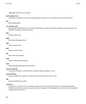 Page 330Lightweight Directory Access Protocol
LDAP-enabled server A BlackBerry smartphone uses an LDAP-enabled server to search for and download certificates and PGP® keys.
LED light-emitting diode
mass storage mode Mass storage mode enables users to transfer files between a media card and their computer when they connect their
BlackBerry smartphone to their computer.
MCC mobile country code
MMS Multimedia Messaging Service
MNC mobile network code
MTP Media Transfer Protocol
NFC Near Field Communication
OCSP...
