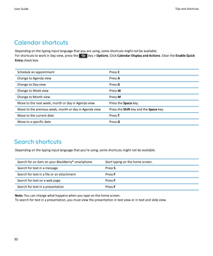 Page 52Calendar shortcutsDepending on the typing input language that you are using, some shortcuts might not be available.
For shortcuts to work in Day view, press the 
 key >  Options . Click Calendar Display and Actions . Clear the Enable Quick
Entry  check box.
Schedule an appointmentPress  CChange to Agenda viewPress AChange to Day viewPress DChange to Week viewPress WChange to Month viewPress MMove to the next week, month or day in Agenda viewPress the  Space key.Move to the previous week, month or day in...