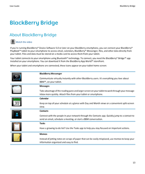 Page 15BlackBerry Bridge
About BlackBerry Bridge
Watch the video
If you're running BlackBerry® Device Software 5.0 or later on your BlackBerry smartphone, you can connect your BlackBerry® 
PlayBook™ tablet to your smartphone to access email, calendars,  BlackBerry® Messenger, files, and other data directly from 
your tablet. Files and data must be stored on a media card to access them from your tablet.
Your tablet connects to your smartphone using Bluetooth® technology. To connect, you need the BlackBerry®...