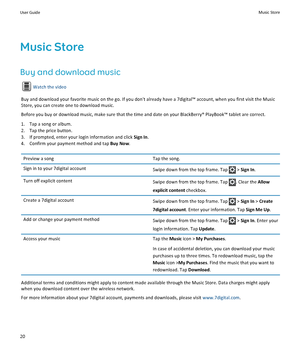 Page 22Music Store
Buy and download music
Watch the video
Buy and download your favorite music on the go. If you don't already have a 7digital™ account, when you first visit the Music 
Store, you can create one to download music.
Before you buy or download music, make sure that the time and date on your BlackBerry® PlayBook™ tablet are correct.
1.Tap a song or album.
2.Tap the price button.
3.If prompted, enter your login information and click Sign In.
4.Confirm your payment method and tap Buy Now.
Preview...