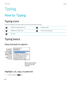 Page 212Typing
How to: Typing
Typing icons
These icons appear in the upper-right corner of the screen when you type.
 CAP lock (capital letter lock) Multi-tap mode NUM lock (number lock) Current input language Alt mode
Typing basics
Copy and paste at a glance
 
 
Highlight, cut, copy, or paste text
1.Press and hold the  key. 
User GuideTyping
212  