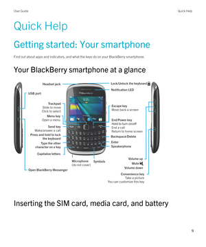 Page 9Quick Help
Getting started: Your smartphone
Find out about apps and indicators, and what the keys do on your BlackBerry smartphone.
Your BlackBerry smartphone at a glance
 
 
Inserting the SIM card, media card, and battery
User GuideQuick Help
9  