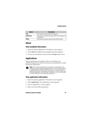 Page 111Handheld options
BlackBerry Wireless Handheld 111
About
View handheld information
1. Open the options application. The Options screen appears.
2. Click About. Handheld and copyright information appears.
3. To return to the Options screen, press the Escape button twice.
Applications
Default applications are shipped with your handheld. Any 
additional applications that you load onto your handheld are called 
third-party applications.
View application information
1. Open the options application. The Options...