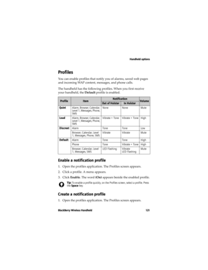 Page 121Handheld options
BlackBerry Wireless Handheld 121
Profiles
You can enable profiles that notify you of alarms, saved web pages 
and incoming WAP content, messages, and phone calls.
The handheld has the following profiles. When you first receive 
your handheld, the Default profile is enabled.
Enable a notification profile
1. Open the profiles application. The Profiles screen appears.
2. Click a profile. A menu appears.
3. Click Enable. The word (On) appears beside the enabled profile.
Create a notification...
