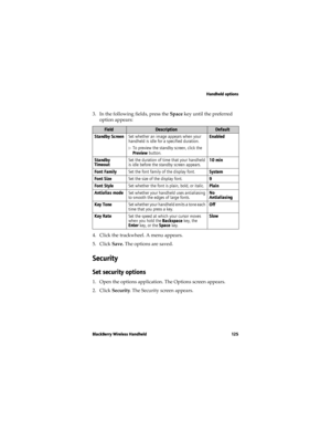 Page 125Handheld options
BlackBerry Wireless Handheld 125
3. In the following fields, press the Space key until the preferred 
option appears:
4. Click the trackwheel. A menu appears.
5. Click Save. The options are saved.
Security
Set security options
1. Open the options application. The Options screen appears.
2. Click Security. The Security screen appears. 
FieldDescriptionDefault
Standby ScreenSet whether an image appears when your 
handheld is idle for a specified duration.
!To preview the standby screen,...