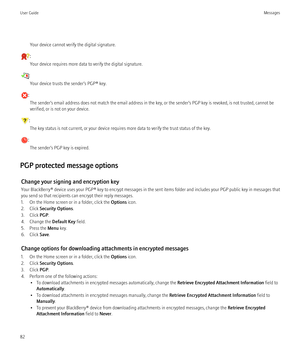 Page 84Your device cannot verify the digital signature.
:Your device requires more data to verify the digital signature.
: Your device trusts the sender’s PGP® key.
: The sender’s email address does not match the email address in the key, or the sender’s PGP key is revoked, is not trusted, cannot be
verified, or is not on your device.
:
The key status is not current, or your device requires more data to verify the trust status of the key.
: The sender’s PGP key is expired.
PGP protected message options Change...