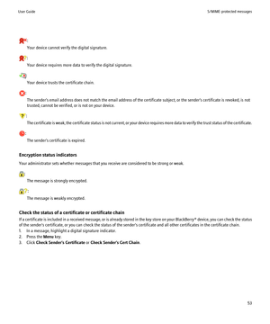 Page 55:
Your device cannot verify the digital signature.
: Your device requires more data to verify the digital signature.
: Your device trusts the certificate chain.
: The sender’s email address does not match the email address of the certificate subject, or the sender’s certificate is revoked, is not
trusted, cannot be verified, or is not on your device.
:
The certificate is weak, the certificate status is not current, or your device requires more data to verify the trust status of the certificate.
: The...