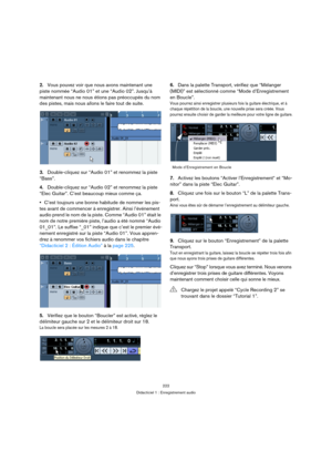 Page 222222
Didacticiel 1 : Enregistrement audio
2.Vous pouvez voir que nous avons maintenant une 
piste nommée “Audio 01” et une “Audio 02”. Jusqu’à 
maintenant nous ne nous étions pas préoccupés du nom 
des pistes, mais nous allons le faire tout de suite.
3.Double-cliquez sur “Audio 01” et renommez la piste 
“Bass”.
4.Double-cliquez sur “Audio 02” et renommez la piste 
“Elec Guitar”. C’est beaucoup mieux comme ça. 
C’est toujours une bonne habitude de nommer les pis-
tes avant de commencer à enregistrer. Ainsi...