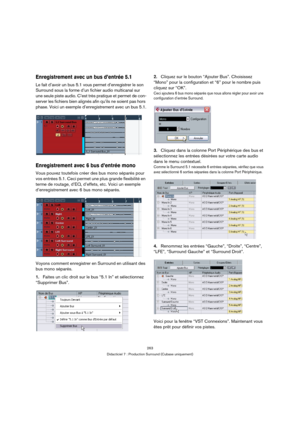 Page 263263
Didacticiel 7 : Production Surround (Cubase uniquement)
Enregistrement avec un bus d’entrée 5.1
Le fait d’avoir un bus 5.1 vous permet d’enregistrer le son 
Surround sous la forme d’un fichier audio multicanal sur 
une seule piste audio. C’est très pratique et permet de con-
server les fichiers bien alignés afin qu’ils ne soient pas hors 
phase. Voici un exemple d’enregistrement avec un bus 5.1.
Enregistrement avec 6 bus d’entrée mono
Vous pouvez toutefois créer des bus mono séparés pour 
vos entrées...