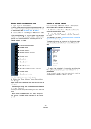 Page 123123
The mixer
Selecting globally from the common panel
1.Open any of the mixer windows.
The leftmost strip is called the common panel and is always shown in the 
mixer. It contains various global settings and options relating to the mixer. 
For more information, see “The common panel” on page 127.
2.Make sure that the extended panel of the mixer is visible.
In the extended area of the common panel, you can see a 
vertical row of icons. These act as buttons and determine 
globally what is displayed in the...