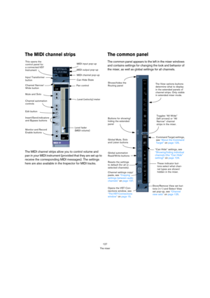 Page 127127
The mixer
The MIDI channel strips
The MIDI channel strips allow you to control volume and 
pan in your MIDI instrument (provided that they are set up to 
receive the corresponding MIDI messages). The settings 
here are also available in the Inspector for MIDI tracks.
The common panel
The common panel appears to the left in the mixer windows 
and contains settings for changing the look and behavior of 
the mixer, as well as global settings for all channels.
Level fader 
(MIDI volume)Level (velocity)...