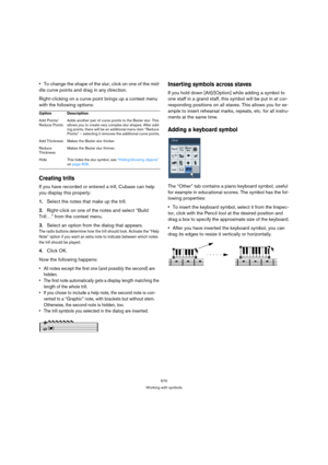Page 565570
Working with symbols
To change the shape of the slur, click on one of the mid-
dle curve points and drag in any direction.
Right-clicking on a curve point brings up a context menu 
with the following options:
Creating trills
If you have recorded or entered a trill, Cubase can help 
you display this properly:
1.Select the notes that make up the trill.
2.Right-click on one of the notes and select “Build 
Trill…” from the context menu.
3.Select an option from the dialog that appears.
The radio buttons...