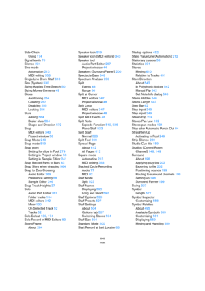 Page 646646
Index
Side-Chain
Using 174
Signal levels 70
Silence 224
Sine mode
Automation 213
MIDI editing 353
Single Line Drum Staff 618
Size (System) 530
Sizing Applies Time Stretch 50
Sizing Moves Contents 49
Slices
Auditioning 254
Creating 257
Disabling 255
Locking 256
Slurs
Adding 564
Bezier slurs 564
Shape and Direction 572
Snap
MIDI editors 343
Project window 56
Snap Mode 249
Snap mode 519
Snap point
Setting for clips in Pool 279
Setting in Project window 56
Setting in Sample Editor 241
Snap Record Parts...