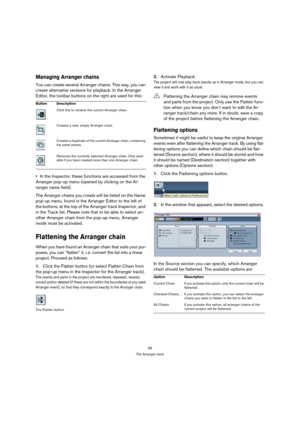 Page 9999
The Arranger track
Managing Arranger chains
You can create several Arranger chains. This way, you can 
create alternative versions for playback. In the Arranger 
Editor, the toolbar buttons on the right are used for this:
In the Inspector, these functions are accessed from the 
Arranger pop-up menu (opened by clicking on the Ar-
ranger name field).
The Arranger chains you create will be listed on the Name 
pop-up menu, found in the Arranger Editor to the left of 
the buttons, at the top of the...