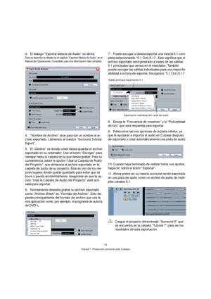 Page 7878
Tutorial 7: Producción surround (sólo Cubase)
3.El diálogo “Exportar Mezcla de Audio” se abrirá.
Este se describe en detalle en el capítulo “Exportar Mezcla de Audio” en el 
Manual de Operaciones. Consúltelo para una información más completa.
4.“Nombre de Archivo” sirve para dar un nombre al ar-
chivo exportado. Llamemos al nuestro “Surround Tutorial 
Export”.
5.El “Destino” es donde usted desea guardar el archivo 
exportado en su ordenador. Use el botón “Escoger” para 
navegar hasta la carpeta en la...