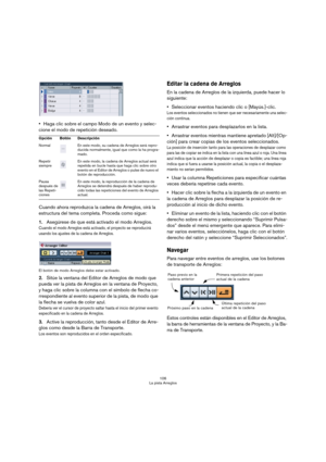 Page 106106
La pista Arreglos
Haga clic sobre el campo Modo de un evento y selec-
cione el modo de repetición deseado.
Cuando ahora reproduzca la cadena de Arreglos, oirá la 
estructura del tema completa. Proceda como sigue:
1.Asegúrese de que está activado el modo Arreglos.
Cuando el modo Arreglos está activado, el proyecto se reproducirá 
usando los ajustes de la cadena de Arreglos.
El botón de modo Arreglos debe estar activado.
2.Sitúe la ventana del Editor de Arreglos de modo que 
pueda ver la pista de...