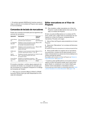 Page 120120
Usar marcadores
Si mantiene apretado [Alt]/[Opción] mientras arrastra el 
rango, la selección en la ventana de Proyecto será copiada 
en vez de arrastrada.
Comandos de teclado de marcadores
Puede usar comandos de teclado para las siguientes ope-
raciones de marcadores:
Si necesita comprobar o cambiar alguna asignación de 
comandos de teclado, los comandos de marcador pue-
den encontrarse en la categoría Transporte en el diálogo 
de Comandos de Teclado.
Ö¡Para que los comandos [Mayús.]+[Pad1] a [Pad9]...
