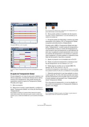 Page 126126
Las funciones de Transposición Una parte MIDI tal y como se grabó.
Al activar “Indicar Transposiciones” verá cómo se transpondrá su parte 
MIDI. 
El ajuste de Transposición Global
Si está trabajando con loops de percusión y batería o con 
efectos especiales, normalmente deseará excluir dichos 
eventos de la transposición. Esto puede hacerse blo-
queándolos usando el ajuste de Transposición Global. 
Proceda como sigue:
1.Abra su proyecto.
2.Seleccione el evento o parte deseado y configure el 
ajuste...