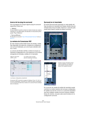 Page 215215
Sonido Surround  (sólo Cubase)
Acerca de los plug-ins surround
Con el programa se incluyen algunos plug-ins surround 
específicos. Estos son:

 Mix6to2
El efecto Mix6to2 le permite controla los niveles de hasta seis canales y 
mezclarlos en una salida estéreo. Se describe en el documento pdf se-
parado “Plug-in Reference”.
SurroundPanner
Se describe en la sección “Usar el Panoramizador Surround” en la pá-
gina 217.
La ventana de Conexiones VST
En esta ventana puede añadir buses de entrada y salida....