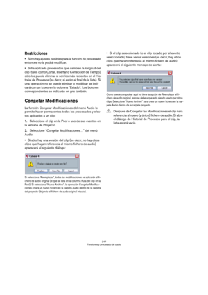 Page 247247
Funciones y procesado de audio
Restricciones
Si no hay ajustes posibles para la función de procesado 
entonces no la podrá modificar.
Si ha aplicado procesados que cambien la longitud del 
clip (tales como Cortar, Insertar o Corrección de Tiempo) 
sólo los puede eliminar si son los más recientes en el His-
torial de Procesos (es decir, si están al final de la lista). Si 
una operación no se puede eliminar o modificar se indi-
cará con un icono en la columna “Estado”. Los botones 
correspondientes se...