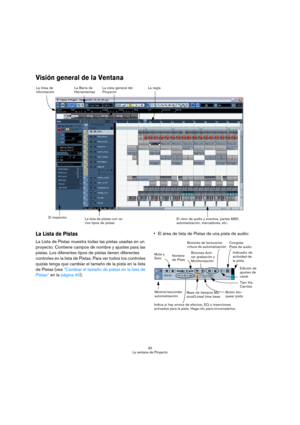Page 3030
La ventana de Proyecto
Visión general de la Ventana
La Lista de Pistas
La Lista de Pistas muestra todas las pistas usadas en un 
proyecto. Contiene campos de nombre y ajustes para las 
pistas. Los diferentes tipos de pistas tienen diferentes 
controles en la lista de Pistas. Para ver todos los controles 
quizás tenga que cambiar el tamaño de la pista en la lista 
de Pistas (vea “Cambiar el tamaño de pistas en la lista de 
Pistas” en la página 40).El área de lista de Pistas de una pista de audio:
La...