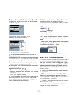 Page 299299
La Pool
2.Mueva el puntero del ratón sobre el texto “Nombre” a 
la derecha del campo nombre hasta que se convierta en 
una flecha, haga clic.
3.Se abrirá el menú emergente con las opciones de 
Búsqueda Extendida.
Contiene seis opciones que determinarán el criterio de búsqueda que se 
mostrará arriba del campo Localización (Nombre, Tamaño, Formato, Fre-
cuencia de Muestreo o Fecha)y los submenús Añadir filtro y Presets.
El criterio de búsqueda tiene los siguientes parámetros:
 Nombre: nombres...
