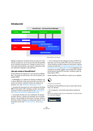 Page 308308
SoundFrame
Introducción
Manejar el (siempre creciente) número de plug-ins, instru-
mentos, presets, etc. es uno de los retos de más grandes 
de los estudios de producción. Cubase le ofrece una so-
lución para este problema, una solución realmente univer-
sal, totalmente integrada: el SoundFrame.
¿De qué consta el SoundFrame?
El SoundFrame de Cubase es lo que relaciona el Media-
Bay y las pistas de instrumento, así como las pistas y los 
presets VST3. 
El MediaBay es un Sistema de Gestión de Medios...
