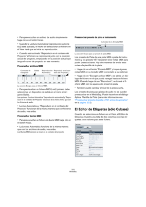 Page 319319
MediaBay
Para preescuchar un archivo de audio simplemente 
haga clic en el botón Iniciar.
Cuando la Lectura Automática (reproducción automá-
tica) esté activada, el hecho de seleccionar un fichero en 
el Visor hará que se inicie su reproducción.
Cuando esté activado “Reproducir en el contexto del 
Proyecto” el fichero se reproducirá junto con la posición 
actual del proyecto, empezando en la posición actual que 
tenga el cursor de proyecto en ese momento.
Preescuchar archivos MIDI
La sección Scope...