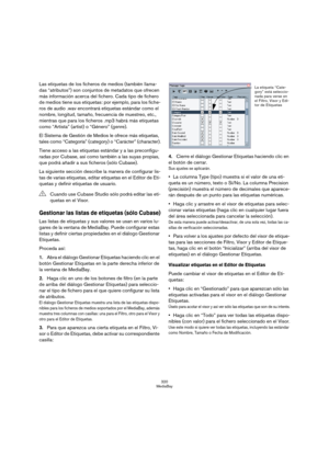 Page 320320
MediaBay
Las etiquetas de los ficheros de medios (también llama-
das “atributos”) son conjuntos de metadatos que ofrecen 
más información acerca del fichero. Cada tipo de fichero 
de medios tiene sus etiquetas: por ejemplo, para los fiche-
ros de audio .wav encontrará etiquetas estándar como el 
nombre, longitud, tamaño, frecuencia de muestreo, etc., 
mientras que para los ficheros .mp3 habrá más etiquetas 
como “Artista” (artist) o “Género” (genre).
El Sistema de Gestión de Medios le ofrece más...