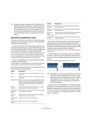 Page 3939
La ventana de Proyecto
Opciones de visualización y zoom
El proceso de zoom en la ventana de Proyecto se realiza 
según las técnicas estándar de zoom, con las siguientes 
consideraciones especiales:
Al usar la herramienta Zoom (lupa de aumento), el resul-
tado obtenido depende de la opción “Modo Estándar de 
la Herramienta Zoom: Sólo Zoom Horizontal” configurada 
en las Preferencias (Edición - Página Herramientas).
Si esta opción se encuentra activada y arrastra un rectángulo de selec-
ción con la...