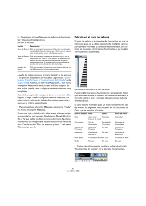 Page 394394
Los editores MIDI
2.Despliegue el menú Máscara de la barra de herramien-
tas y elija una de las opciones.
Este será el resultado:
A parte de estas opciones, el menú también le da acceso 
a los presets disponibles en el Editor Lógico (vea “Editor 
Lógico, Transformador y Transformador de Entrada” en la 
página 395). Además, el item “Configuración...” del menú 
emergente Máscara le dará acceso al Editor Lógico. En 
este editor puede crear configuraciones de máscara muy 
complejas.
Cuando haya aplicado...