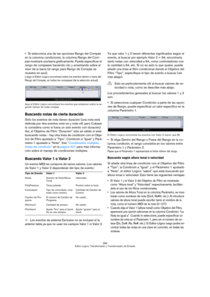 Page 399399
Editor Lógico, Transformador y Transformador de Entrada
Si selecciona una de las opciones Rango del Compás 
en la columna condiciones, la columna Rango del Com-
pás mostrará una barra gráficamente. Puede especificar el 
rango de compases haciendo clic y arrastrando sobre el 
visor de la barra (el rango para Rango de Compás se 
muestra en azul).
Luego el Editor Lógico encontrará todos los eventos dentro o fuera del 
Rango del Compás, en todos los compases (de la selección actual).
Aquí el Editor...