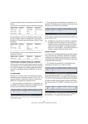 Page 401401
Editor Lógico, Transformador y Transformador de Entrada
Un par de ejemplos sobre como puede usar el filtro Último 
Evento:
La acción sólo se realizará si pulsa el pedal de sostenido:
En este ejemplo, la acción se realizará al pulsar la nota 
Do1 (la condición “Nota en reproducción” sólo está dis-
ponible en el Transformador de Entrada y el efecto Trans-
formador):
En este ejemplo, la acción será realizada después de in-
terpretar la nota Do1:
Combinando múltiples líneas de condición
Como ya se ha...