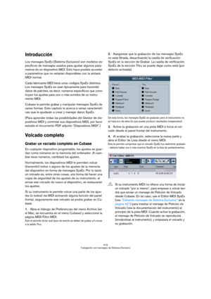 Page 419419
Trabajando con mensajes de Sistema Exclusivo
Introducción
Los mensajes SysEx (Sistema Exclusivo) son modelos es-
pecíficos de mensajes usados para ajustar algunos pará-
metros de un dispositivo MIDI. Esto hace posible acceder 
a parámetros que no estarían disponibles con la sintaxis 
MIDI normal.
Cada fabricante MIDI tiene unos códigos SysEx distintos. 
Los mensajes SysEx se usan típicamente para transmitir 
datos de patches, es decir, números específicos que cons-
truyen los ajustes para uno o más...