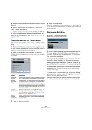 Page 485485
Manejo de ficheros
3.Abra el diálogo de Preferencia y selecciones la página 
General.
4.Abra el desplegable “Acción Inicial” y seleccione 
“Abrir Plantilla ’por defecto’”.
La próxima vez que inicie Cubase, la plantilla por defecto 
se abrirá automáticamente. Para más detalles sobre las 
opciones de Configuración, vea “Opciones de Inicio” en 
la página 485.
Guardar Proyecto en una Carpeta Nueva
Esta función es muy útil si quiere mover o archivar su pro-
yecto. 
1.Seleccione “Guardar proyecto en una...