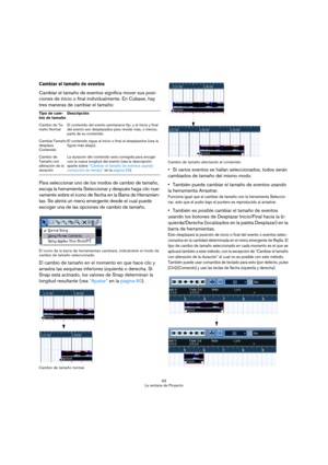 Page 5353
La ventana de Proyecto
Cambiar el tamaño de eventos
Cambiar el tamaño de eventos significa mover sus posi-
ciones de inicio o final individualmente. En Cubase, hay 
tres maneras de cambiar el tamaño:
Para seleccionar uno de los modos de cambio de tamaño, 
escoja la herramienta Seleccionar y después haga clic nue-
vamente sobre el icono de flecha en la Barra de Herramien-
tas. Se abrirá un menú emergente desde el cual puede 
escoger una de las opciones de cambio de tamaño.
El icono de la barra de...